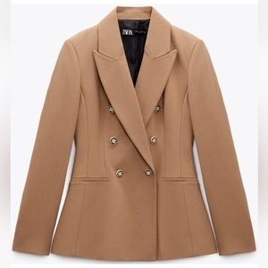 ZARA NWT Camel Piqué Double Breasted Blazer XS